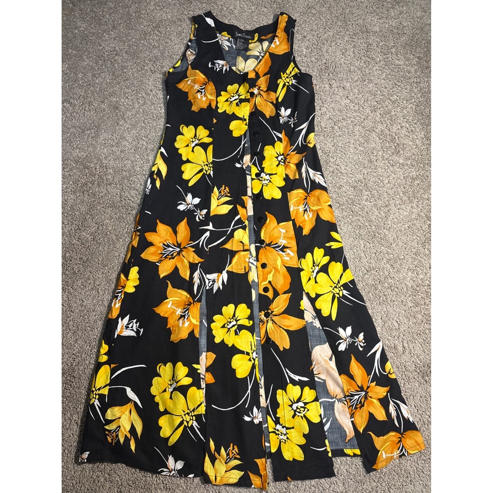 Vintage Jamie Brooke Floral Maxi Dress Black Yellow Orange Button Front Slit 4